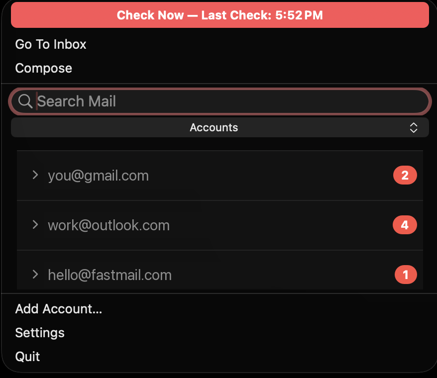 MistBar’s mail dropdown with three accounts grouped, each showing its own unread count
