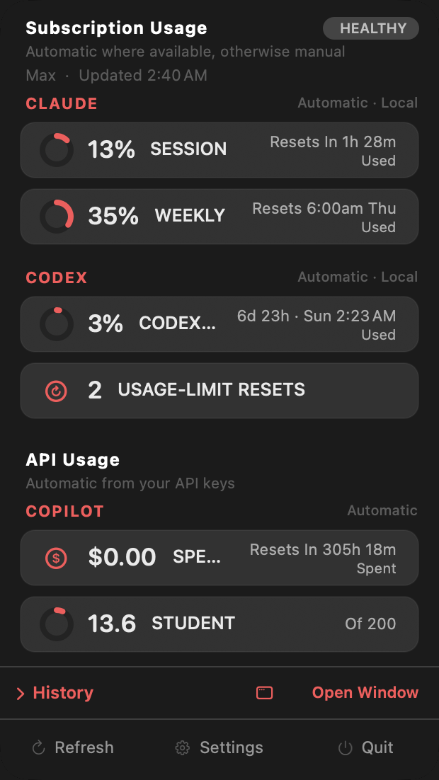 MistBar’s AI usage dropdown showing Claude, Codex, and Copilot